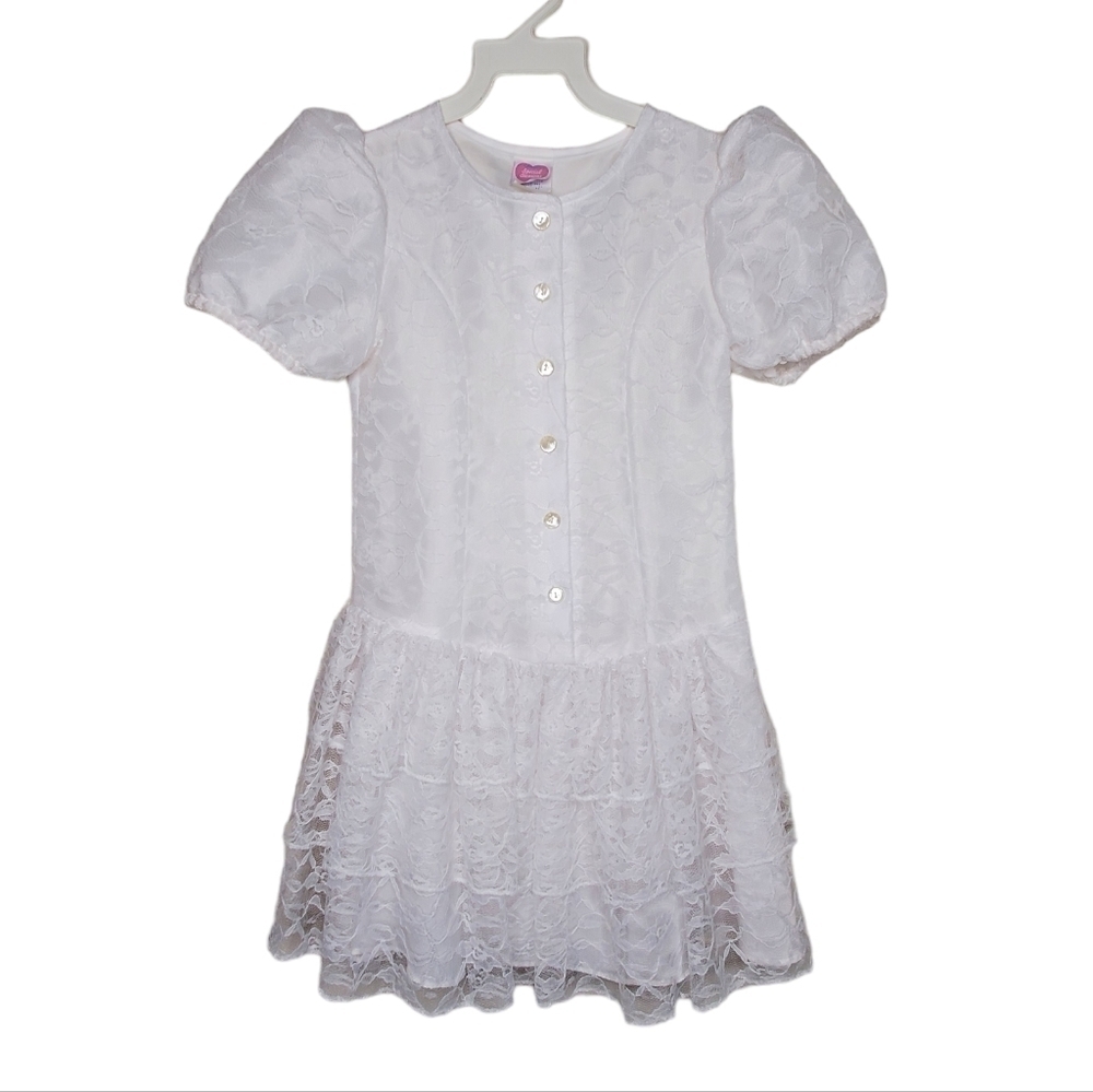 Special Occasions Vintage Girls White Lace Dress, Drop Waist, Tiered Skirt Sz 10